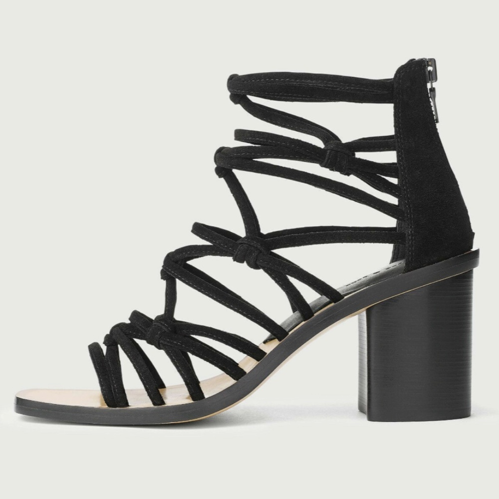 Rag Bone Camille Macrame Black Suede Leather Strap Block Heel Shoes Sandals